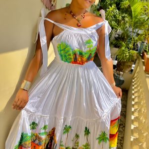 Robe Blanche Tropicale Peinte à la Main