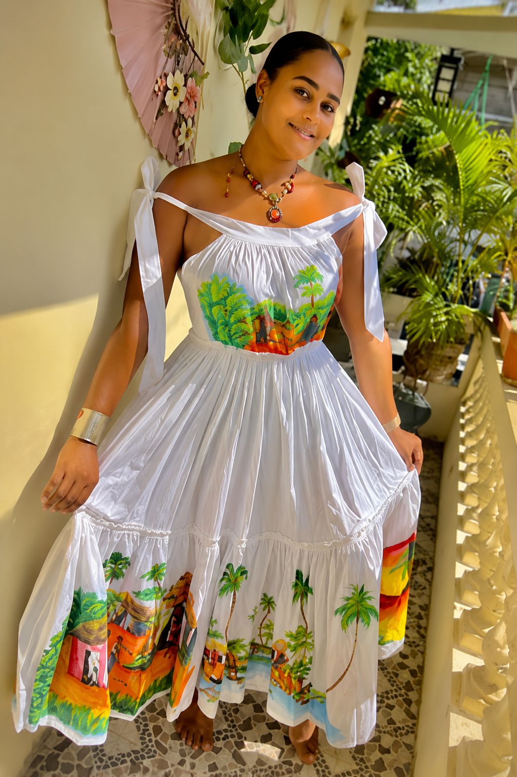 Robe Blanche Tropicale Peinte à la Main