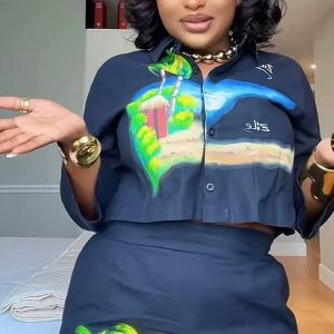 Ensemble Femme Bleu Marine Art Tropical